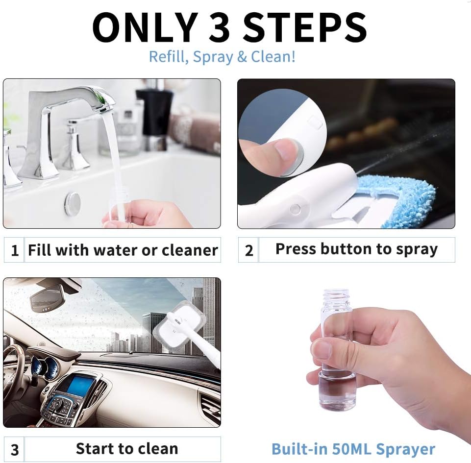 eFuncar Windshield Cleaner Glass Cleaning Tool - Foldable Auto Window Glass Cleaner Car Windshield Washer Cleaning Kit Interior with Built-in Sprayer and 6Pcs Microfiber Bonnets(Dry, Wet & Deep Clean): Automotive