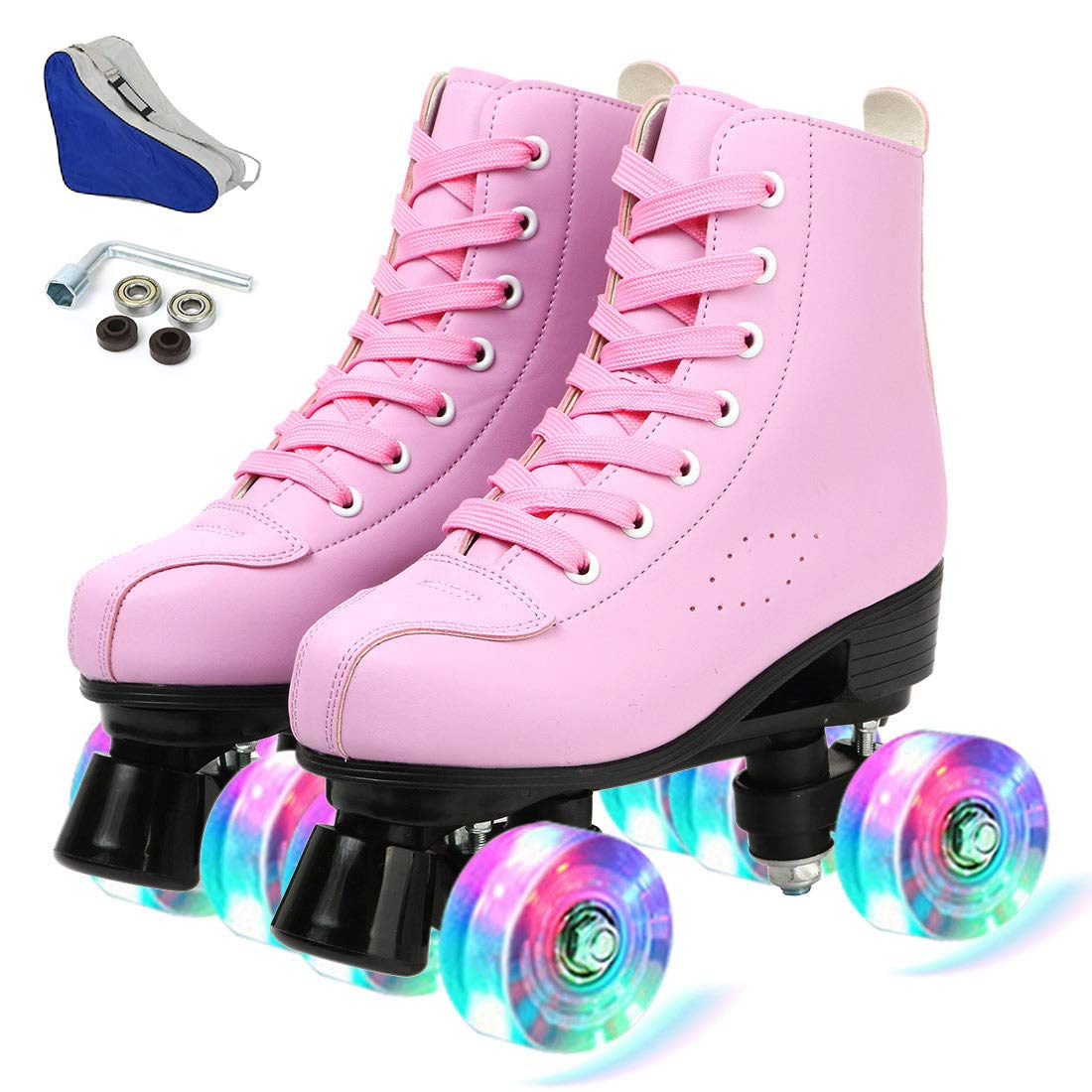 Photo 1 of Comeon Roller Skates for Women PU Leather Roller Skates High-Top Leather for Beginners Teens for Woman,Girls and Boys,Adult(Pink Flash, 34=US 5.5)