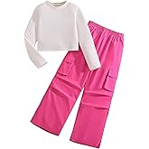 LuxyBear Girls 2 Piece Outfits Long Sleeve Crewneck Tops and Cargo Pants with Pockets Clothing Sets