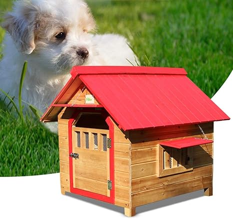Amazon Co Jp 犬用犬小屋屋外ペットハウスシェルター木製動物小屋赤い屋根 通気性があり強い レインカバークッション枕付き 5サイズの異なるサイズのペットに適しています L ホーム キッチン