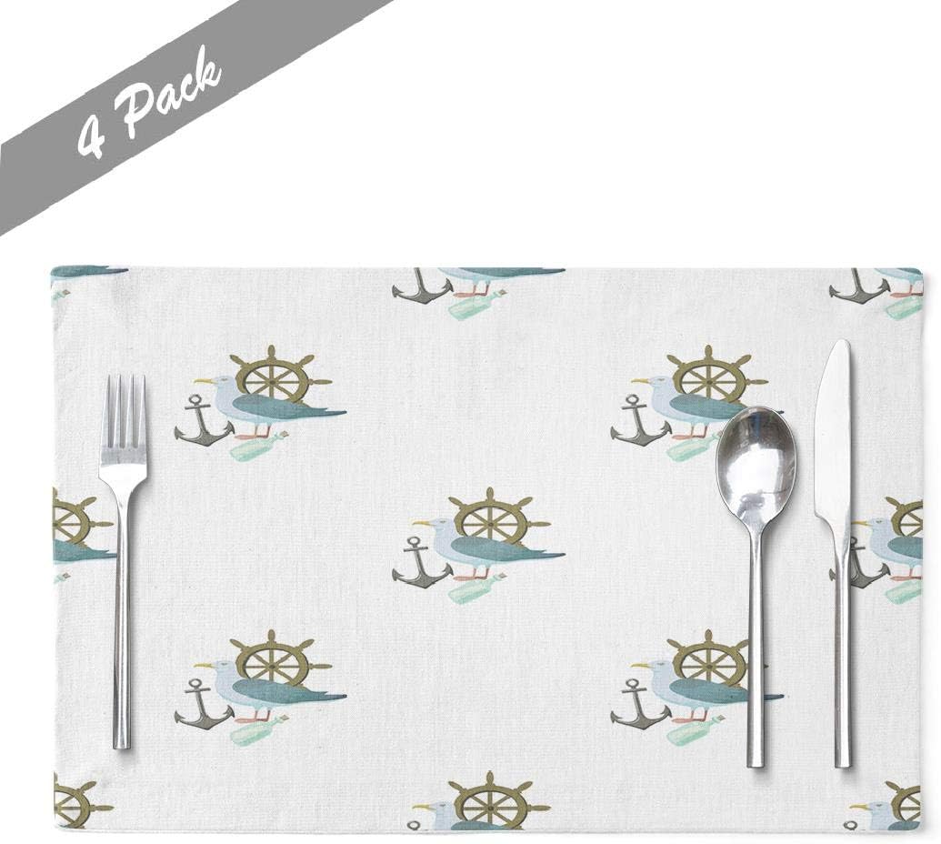 Anchor Nautical Placemats, Heat Resistant Placemats Sea Marine with Ships and Seagulls Abstract