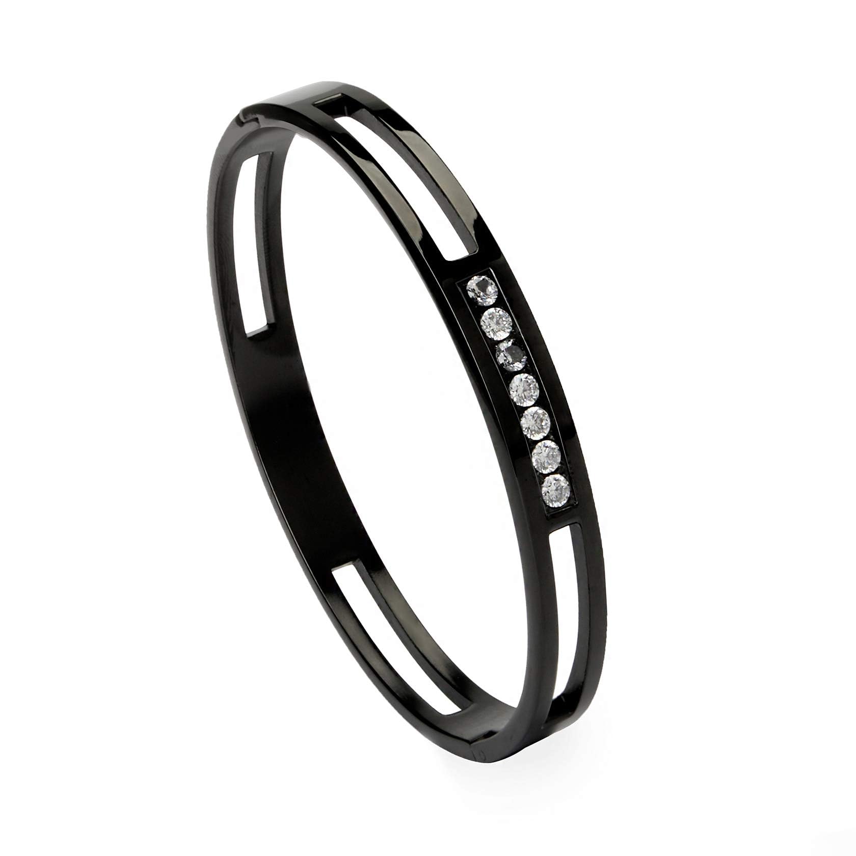 MILAKOO 6mm Womens Stainless Steel Bangle Black Bracelet with Crystal Zircon Stone Shiny Hollow Cuff Fashion Jewelry — image 1