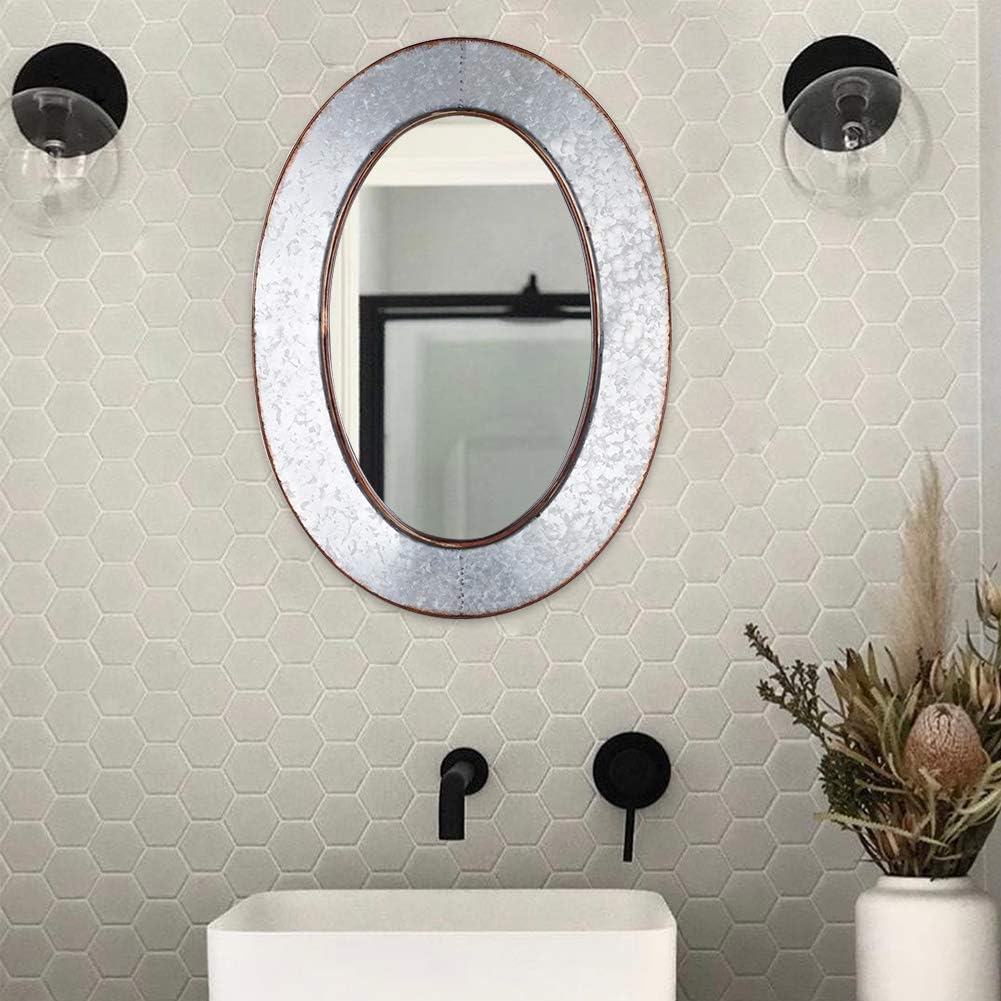 Geloo Bathroom Mirrors Industrial Galvanized - 28 Inch Oval Wall Mirrors, Gray Farmhouse Mirrors Wall Mounted,Vanity Mirror for Wall Decor Design for Bedroom, Street, Antique, Entryway: Furniture & Decor