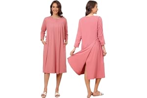 Liokoc Flannel Hospital Gowns for Women Zipper Open Back Post Shoulder Surgery Dress Thermal 3/4 Sleeve Adaptive Clothing