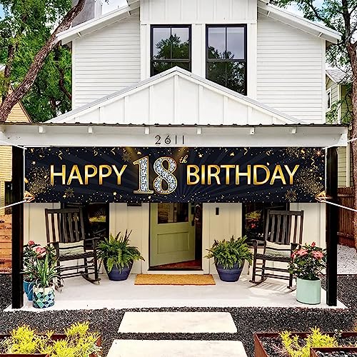 Mokonate Happy 18th Birthday Banner Black Gold Happy Birthday Sign Banner Backdrop Happy Birthday Yard Sign for Kids 18 Years Old Party Decorations Supplies