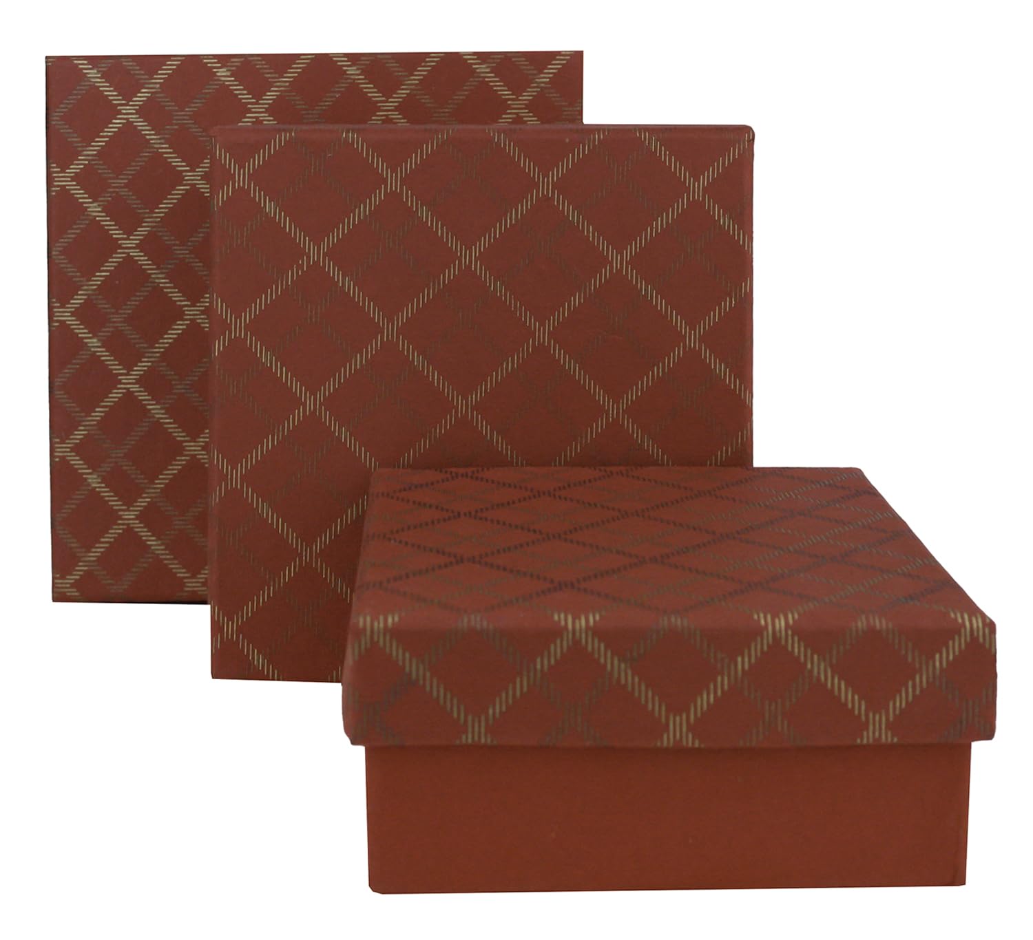 Emartbuy Chequered Red Rigid Gift Box Set of 3 – Large, Medium, Small – Handmade Cotton Paper Presentation Box | Premium Packaging for Hampers, Birthdays, Weddings, Corporate Gifting
