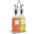 CUISINOX Cruet Set with Dripless Spouts and Wire Caddy, Oil and Vinegar Bottles, French Labels-6 oz Each, Stainless Steel