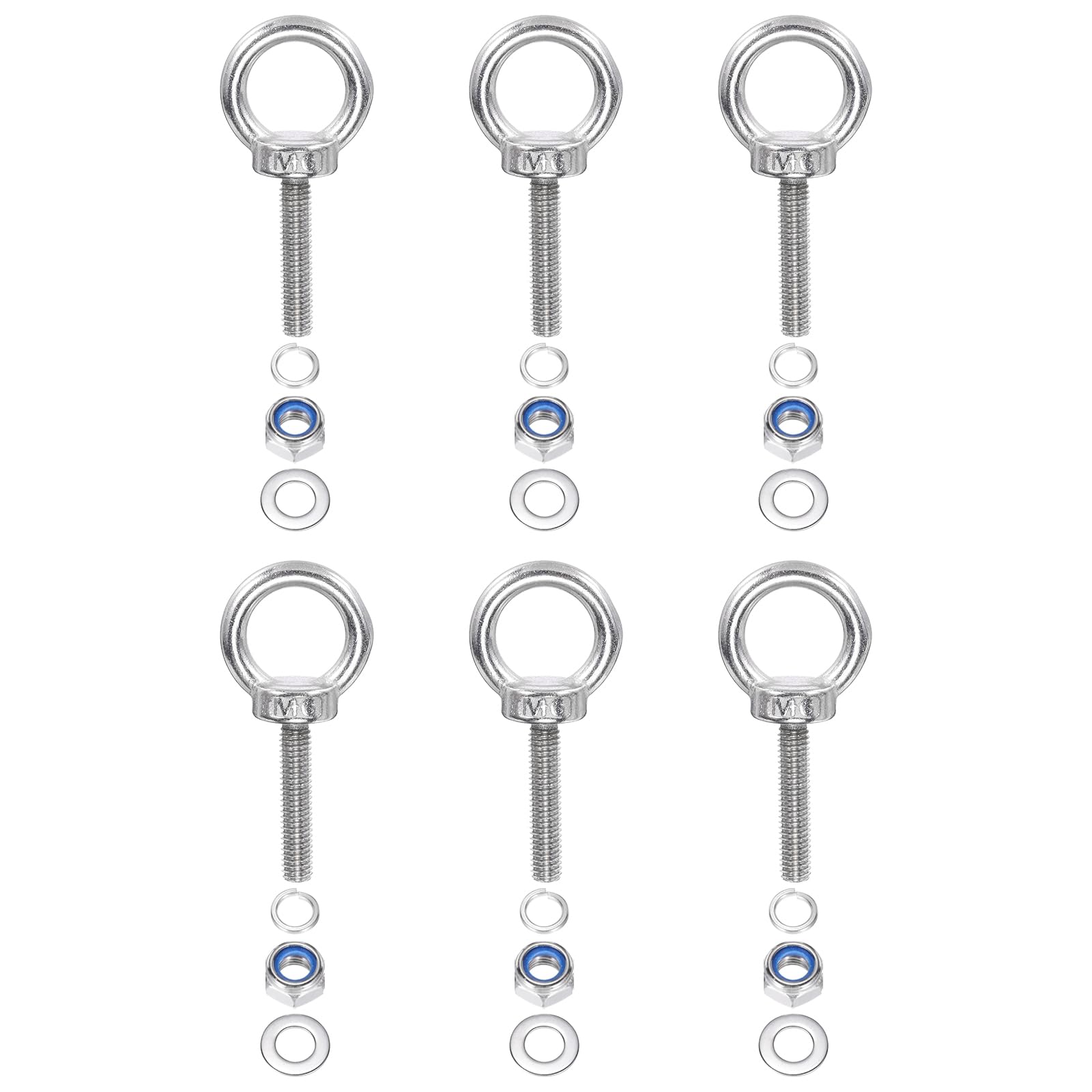 PATIKIL M6 x 30mm Lifting Shoulder Eye Bolt, 6Pcs 304 Stainless Steel Lifting Ring Threaded Eyebolt with Nuts Washers for Hanging Hammocks Articles