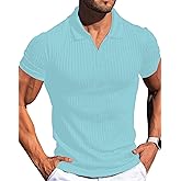 Vuiosrx Men's Collared Muscle Polo Shirts Slim Fit Short Sleeve V Neck T Shirts Men Zipper Ribbed Golf Shirt Casual Stylish