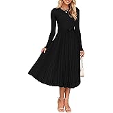ZESICA Women's Fall Long Sleeve Midi Dress 2025 Casual Crewneck Knit Belted Pleated A Line Flowy Party Dresses