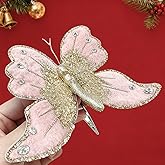 1pcs Pink Glitter Big Butterfly Christmas Ornament with Clip, Artificial Butterfly Christmas Tree Decoration Festive Wedding Home Holiday Decoration