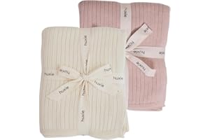 HUXIE Knitted Organic Cotton Baby Blanket- Swaddle Blanket, 30" x 40" Soft Receiving Blanket for Newborn 2-Pack (Soft White and Blush)