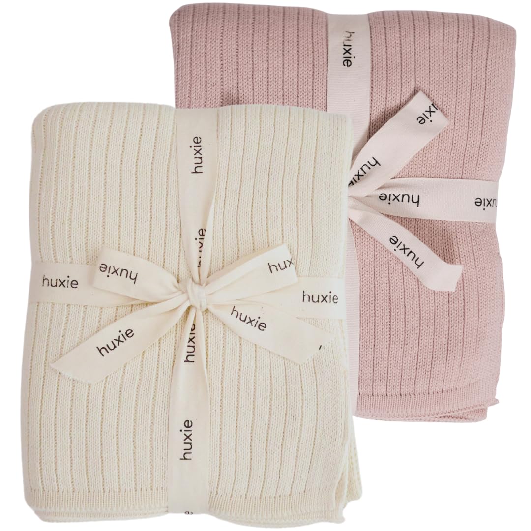 Photo 1 of Knitted Organic Cotton Baby Blanket- Swaddle Blanket, 30" x 40" Soft Receiving Blanket for Newborn 2-Pack (-Soft White and Blush)