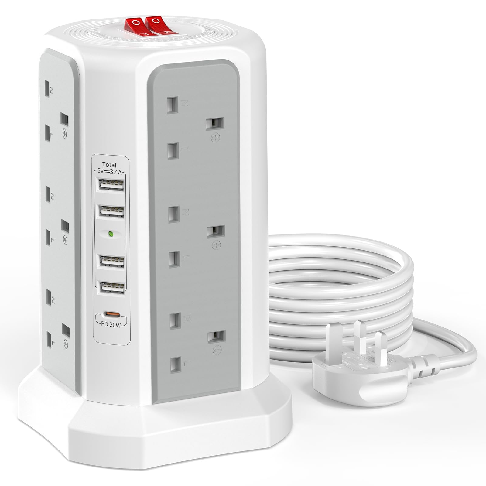 Tower Extension Lead 3M with 5 USB Slots and 20W USB C Fast Charger (13A 3250W), HAFINO 12 Way Plug Extension Tower, Surge Protected Extension Lead with Switch, Multi Plug Socket with Extension Cable