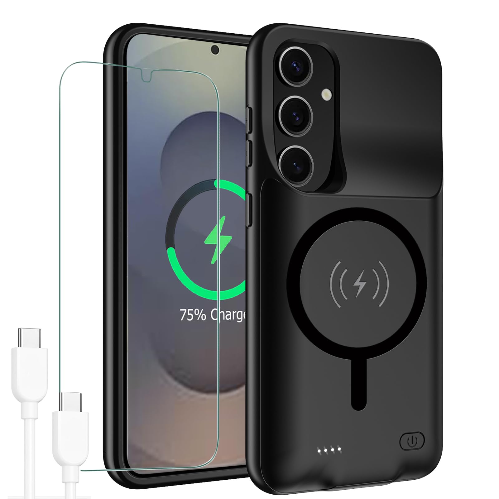 Battery Case for Galaxy S25, 10000mAh High Capacity Rechargeable Portable Protective Extended Charger Cover Compatible with Galaxy S25 (6.2 inch) Wireless Charging Case with Screen Protector-Black