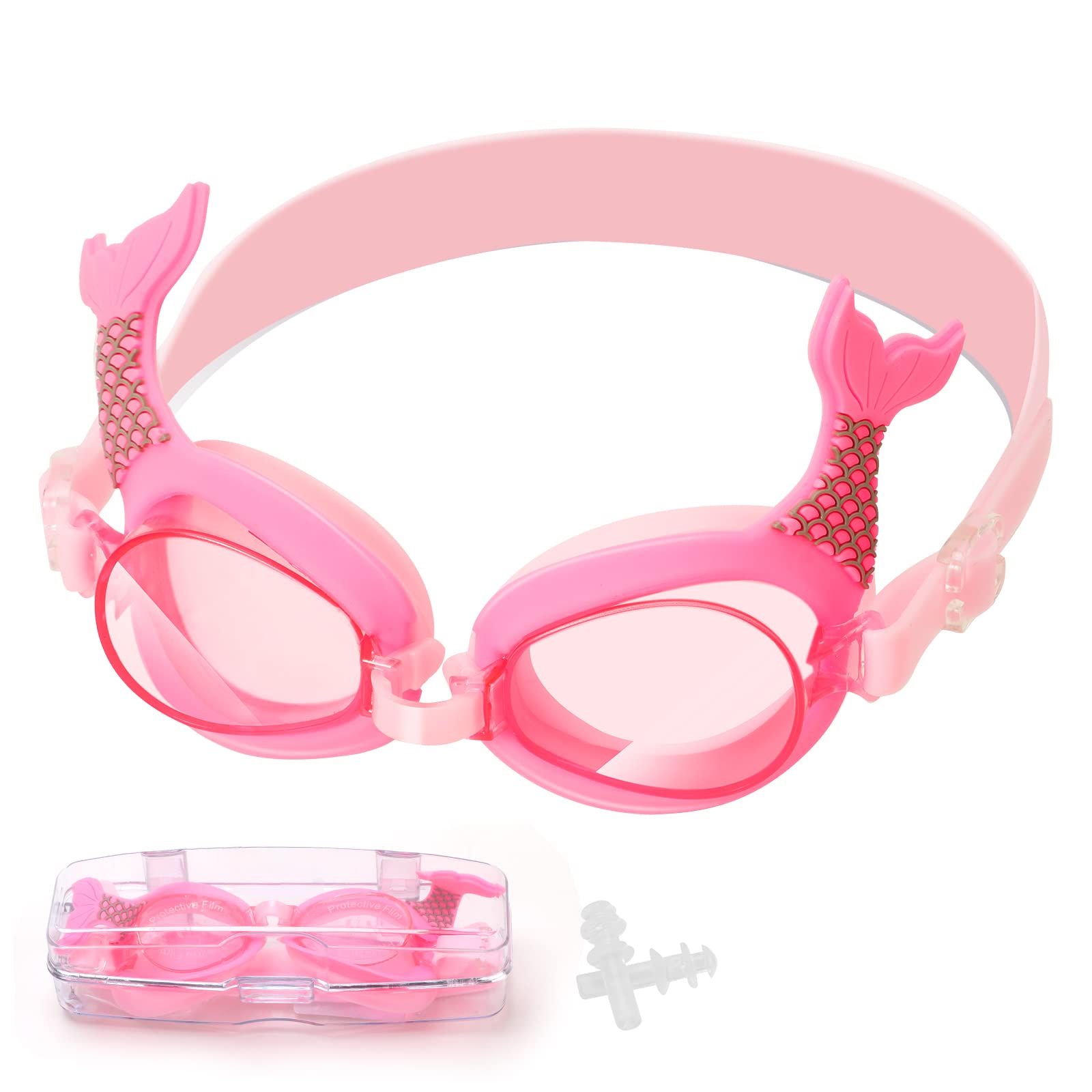 Pwsap Kids Swim Goggles with Earplugs for Toddler Kids Girls Boys Youth(4-14), Cute Cartoon Tail Design, Anti-Fog Anti-UV Leak-proof Clear Vision Water Pool Goggles (Style-1)