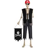 Halloween Skeleton Pirate Outfits Costume for 5-6 FT Skeletons Decoration | 5-Piece Pirate Outfit with Top, Pants, Headwear, Eye Patch and Pirate Flag for Halloween Pirate Skeleton Yard Decor