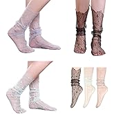Violet Mist Women's Lace Socks - Mesh, Sheer, Fashion Decorated Loose Ankle Socks with Tulle and Slouch
