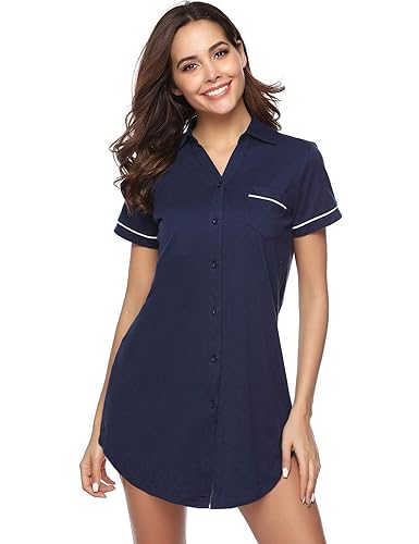 Hawiton Damen Nachthemd Kurz Sleepshirt Baumwolle Nachtkleid Negligee Nachtwäsche Kurzarm mit Knöpfeleiste für Sommer