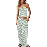Tankaneo Womens Striped 2 Piece Sets Summer Strapless Crop Tube Tops Wide Leg Pants Matching Lounge Set Vacation Outfits
