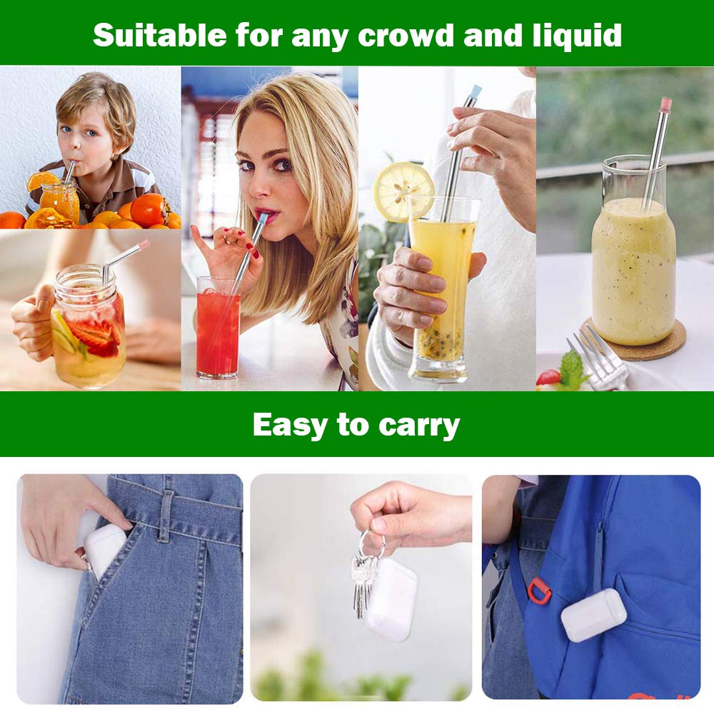 Tegutor 2 Pack Collapsible Reusable Straws, Stainless Steel Folding Drinking Food-Grade Silicone Straw, Portable with Hard Case Holder and Cleaning Brush for Party, Travel, Outdoor, Household, etc