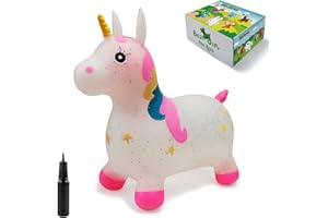 HotMax Transparent Glittery Bouncy Horse, Inflatable Bouncing Animal Hopper for Toddlers or Kids, Ride on Rubber Jumping Toys for Boy or Girl Birthday Gift (Pink Unicorn)