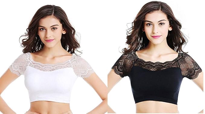 Women's Nylon Lace Padded Blouse -Pack of 2 White and Black_Free Size