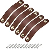 uxcell 6 Packs Leather Drawer Pulls, Double Hole Leather Drawer Knobs Furniture Dresser Handles Pulls with Screws for Dressers Drawers Closet Cupboard, Brown/Gold(Hole Spacing:96mm)