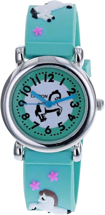 Citron KID154 Reloj analógico para niñas 3D blanco caballo Motiff azul correa de silicona