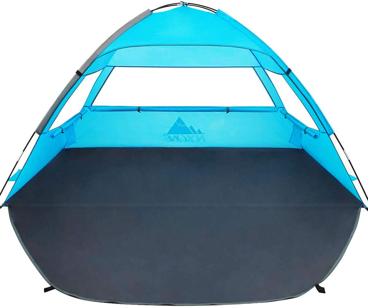NXONE Beach Tent Sun Shelter, Beach Shade for 2-3 Person with UV Protection, Extended Floor, 3 Mesh Roll Up Windows & 8.0mm Fiberglass Rods Carry Bag, Stakes, Guy Lines Included