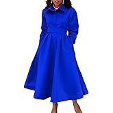 Sexyshine Women's Lapel Button Down Satin Maxi Dress Elegant Long Sleeve A Line Belted Pleated Flared Blouse Shirt Dress