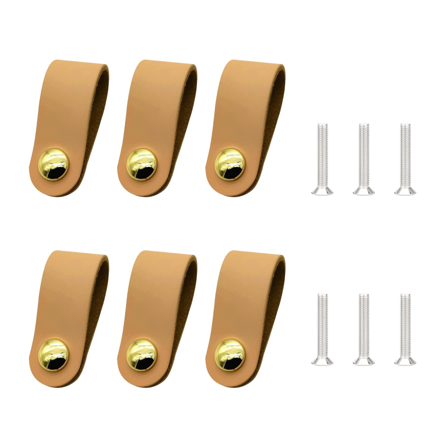 MUEEAD 6-Piece Leather + Alloy Furniture Handles, Beige, 62*24.5mm, Knobs & Pulls, Rust Resistant, Polished Finish