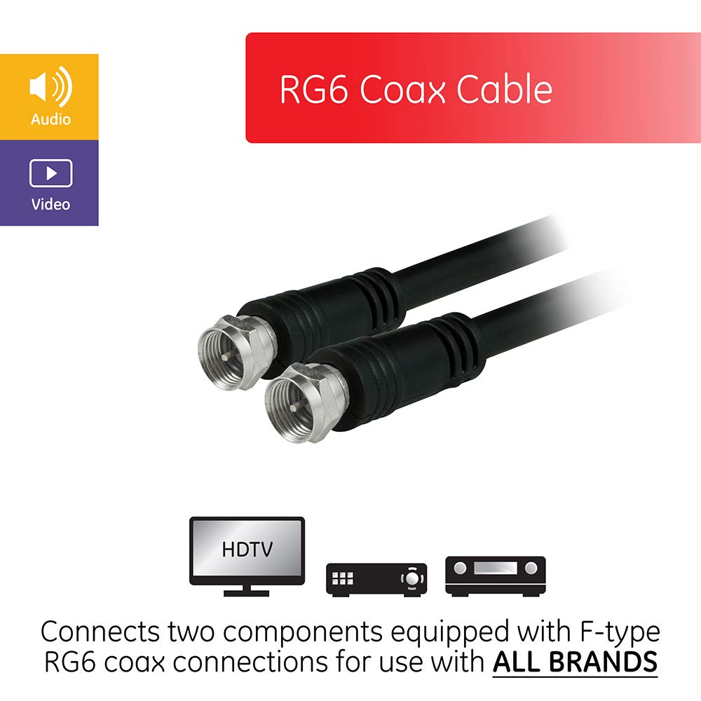 GE RG6 Coaxial Cable, 100 ft. F-Type Connectors, Double Shielded Coax, Input Output, Low Loss Coax, Ideal for TV Antenna, DVR, VCR, Satellite Receiver, Cable Box, Home Theater, Black, 33601