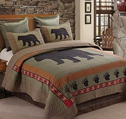 Duke Imports DQ649T Bear 2 Piece Bear and Paw Microfiber Cabin Lodge Quilt Set, Twin Size