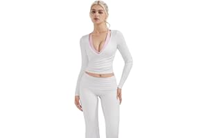 SUUKSESS Women Pilates Wrap Workout Cropped Top Ribbed Long Sleeve V Neck Tie Front Ballet Yoga Shrug Blouse