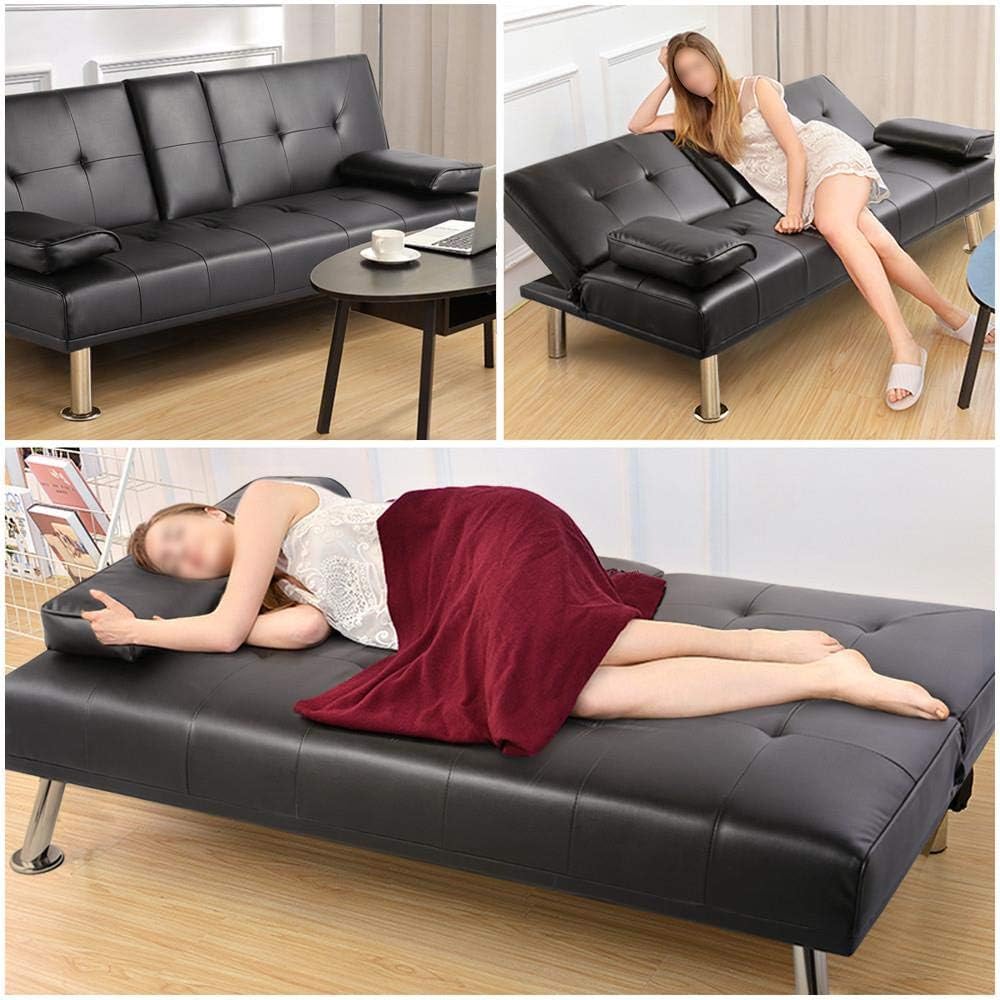 Yaheetech Click Clack Sofa Bed Faux Leather 3 Seater Sofa Couch Living Room/Spare Room/Guest Room Bed Settee With Cup Holders Black - Image 5