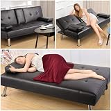 Yaheetech Faux Leather Click Clack 3 Seater Sofa Bed with Cup Holders Black view 8