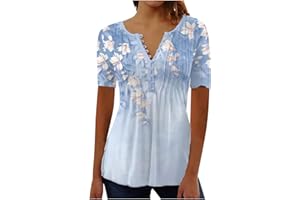 LEODYE Vintage Floral Tops for Women Casual V Neck Button down Shirt Summer Short Sleeve Tunic Tops Loose Fit Plus Size Top