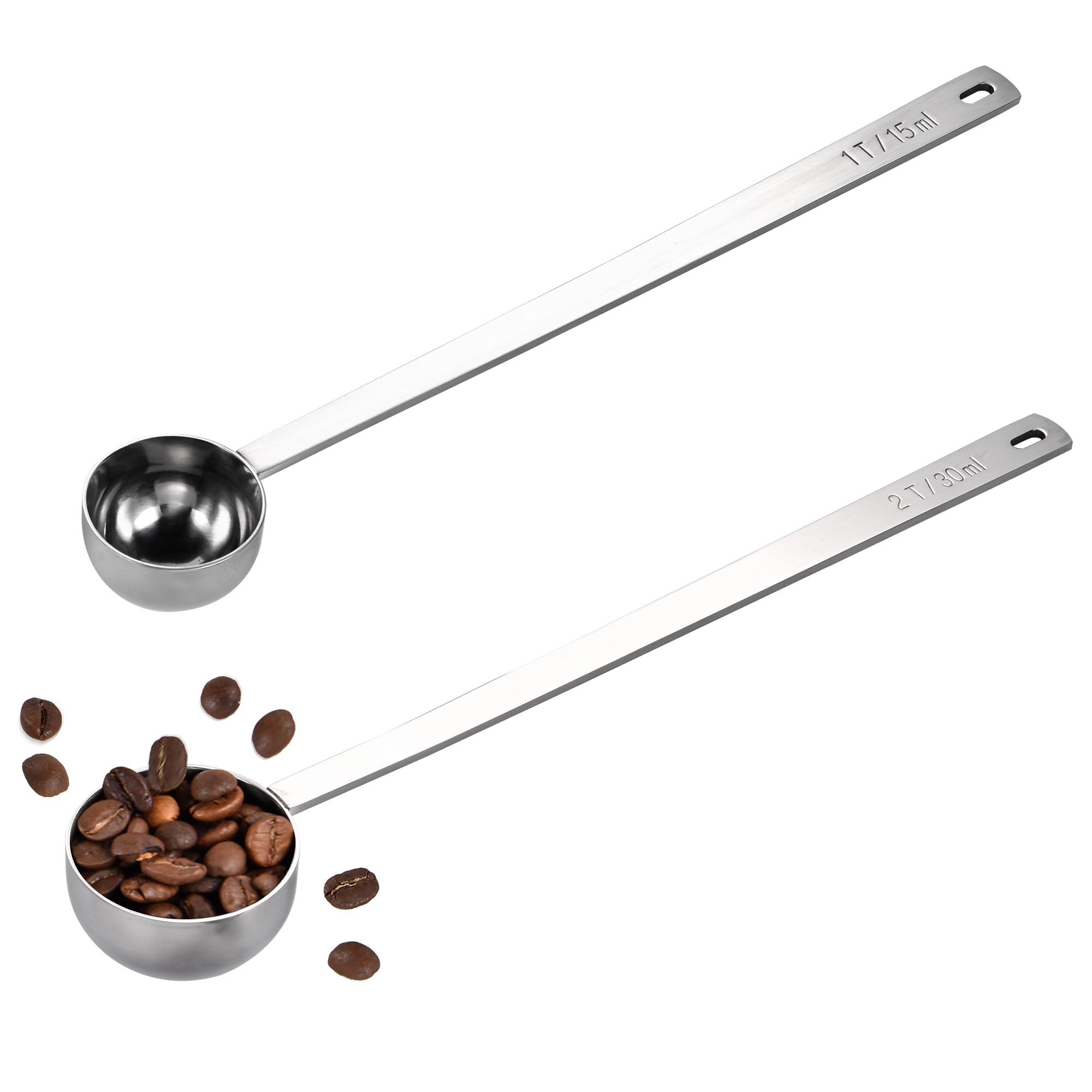 U-Taste Coffee Scoops Set of 2: 18/8 Stainless Steel Measuring Coffee Spoons with 21.5cm Extra Long Handle for Ground Coffee, Beans, Powder, Espresso, Ideal for Tall Canister, Jar (15&30ml, Silver)