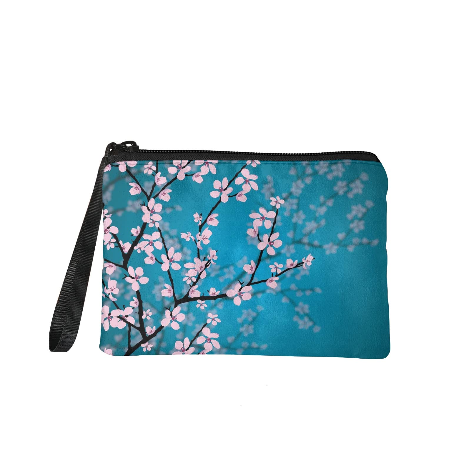 Kuiaobaty Flowers Women Small Wallet,Plum Blossom Flower Print Mini Coin Purse with Wristlet Strap Vintage Flower Change Bag Card Holder Blue