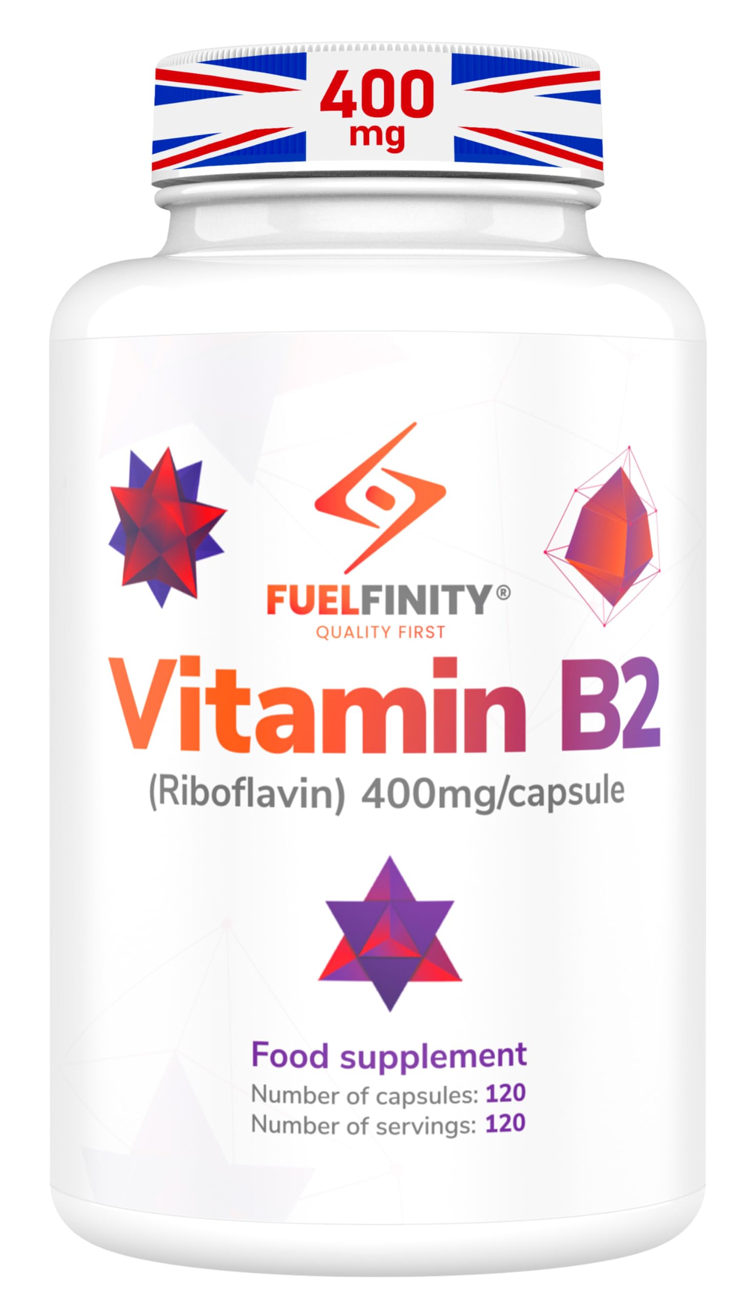 FuelFinity® Vitamin B2 Riboflavin 400mg - for Energy & Migraine Relief Support - 120 Days Supply - Made in UK, Vegan, No additives