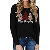 Women's Merry Christmas Shirts Funny Leopard Plaid Tree Graphic Cute Long Sleeve Crewneck Tees Tops