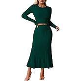 Pink Queen Ribbed Knit 2 Piece Dress Set for Women Fall Long Sleeve Crop Top with High Waist Skirt Set Cocktail Party Outfits