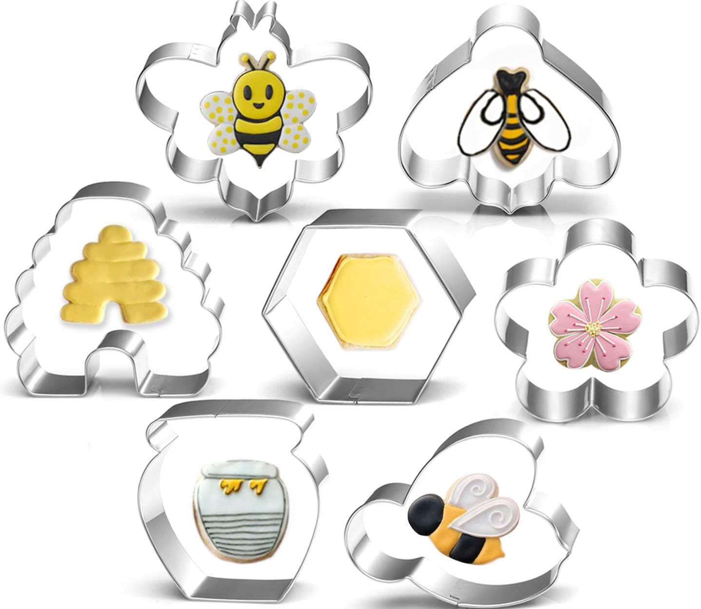 Bee Cookie Cutters Set-3 Inches-7 Piece-Bee, Beehive, Flower, Honeycomb and Honey Jar Stainless Steel Cookie Biscuit Cookie Cutters Molds for Honey Bee Party Decoration Favor