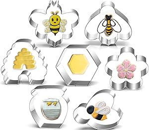 Bee Cookie Cutters Set-3 Inches-7 Piece-Bee, Beehive, Flower, Honeycomb and Honey Jar Stainless Steel Cookie Biscuit Cookie Cutters Molds for Honey Bee Party Decoration Favor