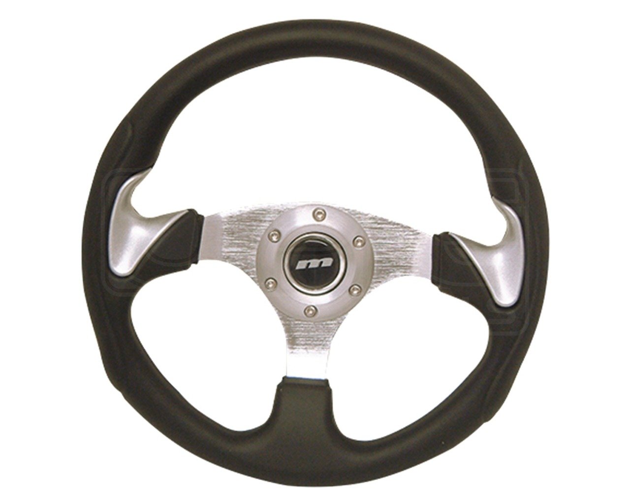 Mountney M32X3PPBS M Range Steering Wheel , Silver Anodised Center, 3 Spoke, Black Leather With Metallic Silver Thumb Spats, 320mm In Diameter