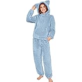 COZYPOIN Women's Fuzzy Pajamas Sets Hooded Bear Ear Fluffy Fleece Loungewear Sleep Pullover Top Pants 2 Piece Outfits Pockets