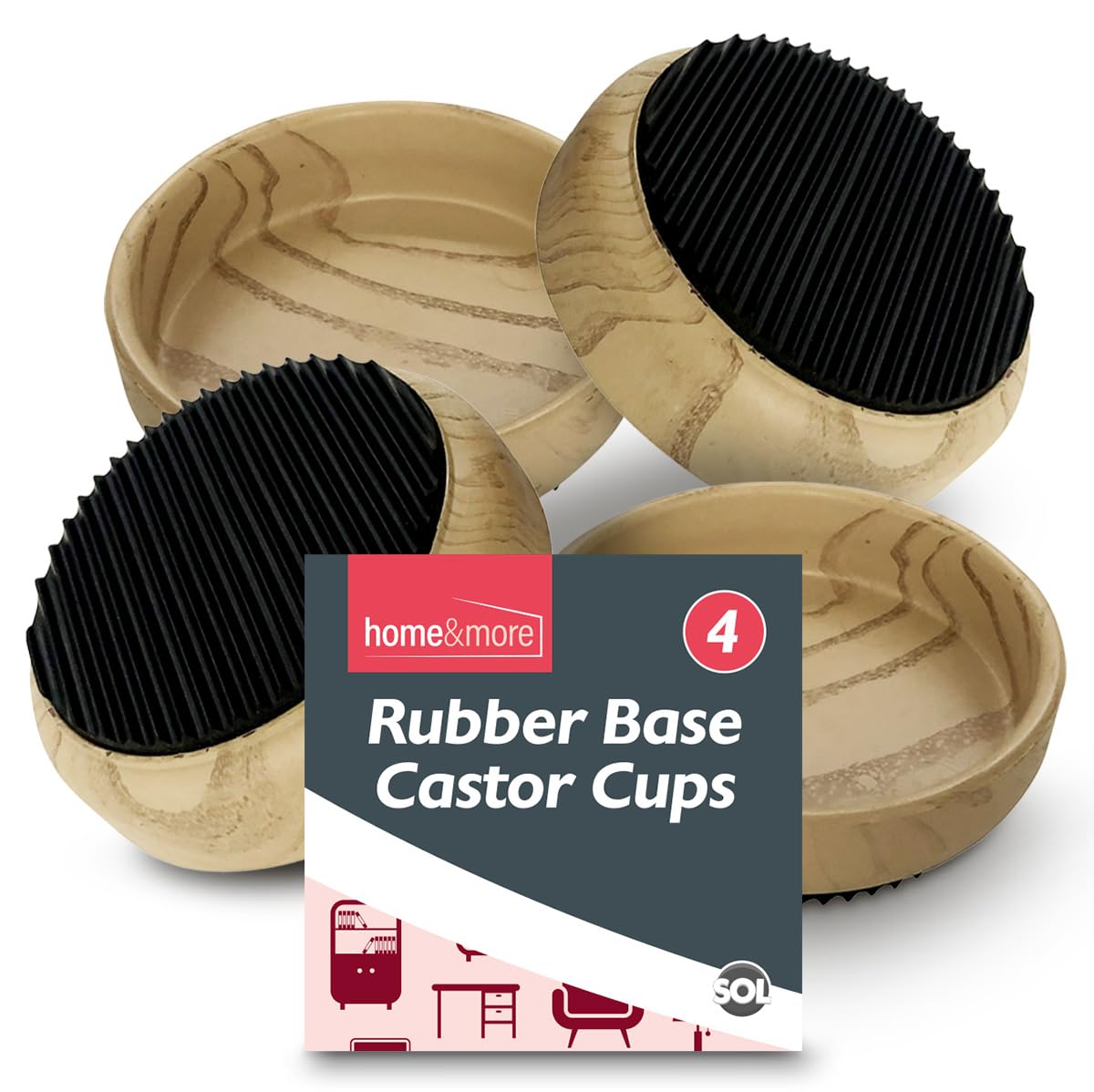 SOL 4pk Rubber Base Castor Cups Furniture Carpet Sofa Leg Floor Protectors Chairs Tables Beds Wheels Non Slip Stability Heavy Support Scratch Prevention Home Office Hardwood Laminate Tiles