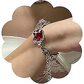 Vacaonio Boho Big Ruby Bracelet Ruby Square Bracelet Silver Cuban Chain Bracelet Red Crystal Bracelet Chain Cuban Link Bracelet Jewelry for Women