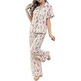 Verdusa Women's 2 Piece Ruffle Floral Pajama Set Short Sleeve Button Down Shirts with Lounge Pants